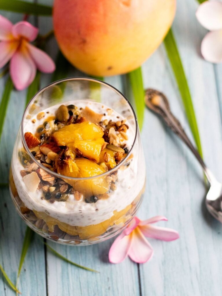 One glass of mango parfaits.
