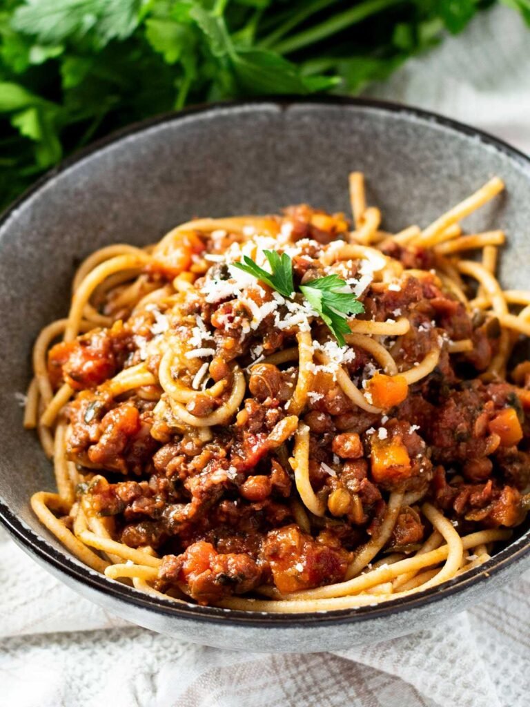 A bowl of beef and lentil bolognese.